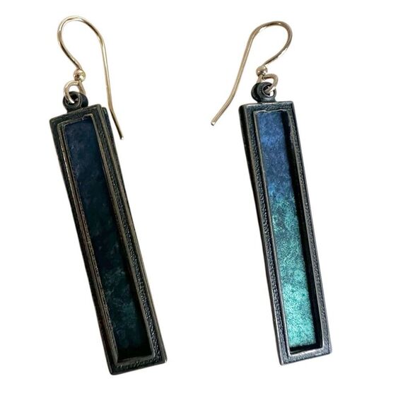 Modernist Patina Rectangle Drop Earrings with Gold-Tone Hooks - Picture 5 of 7